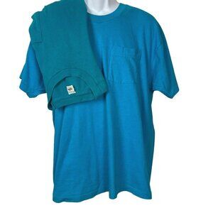 2 Vintage Fruit Of The Loom Pocket Tees 2XL Blue Green Single Stitch Made in USA